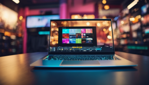 Laptop na kolorowym tle, na ekranie obrazy